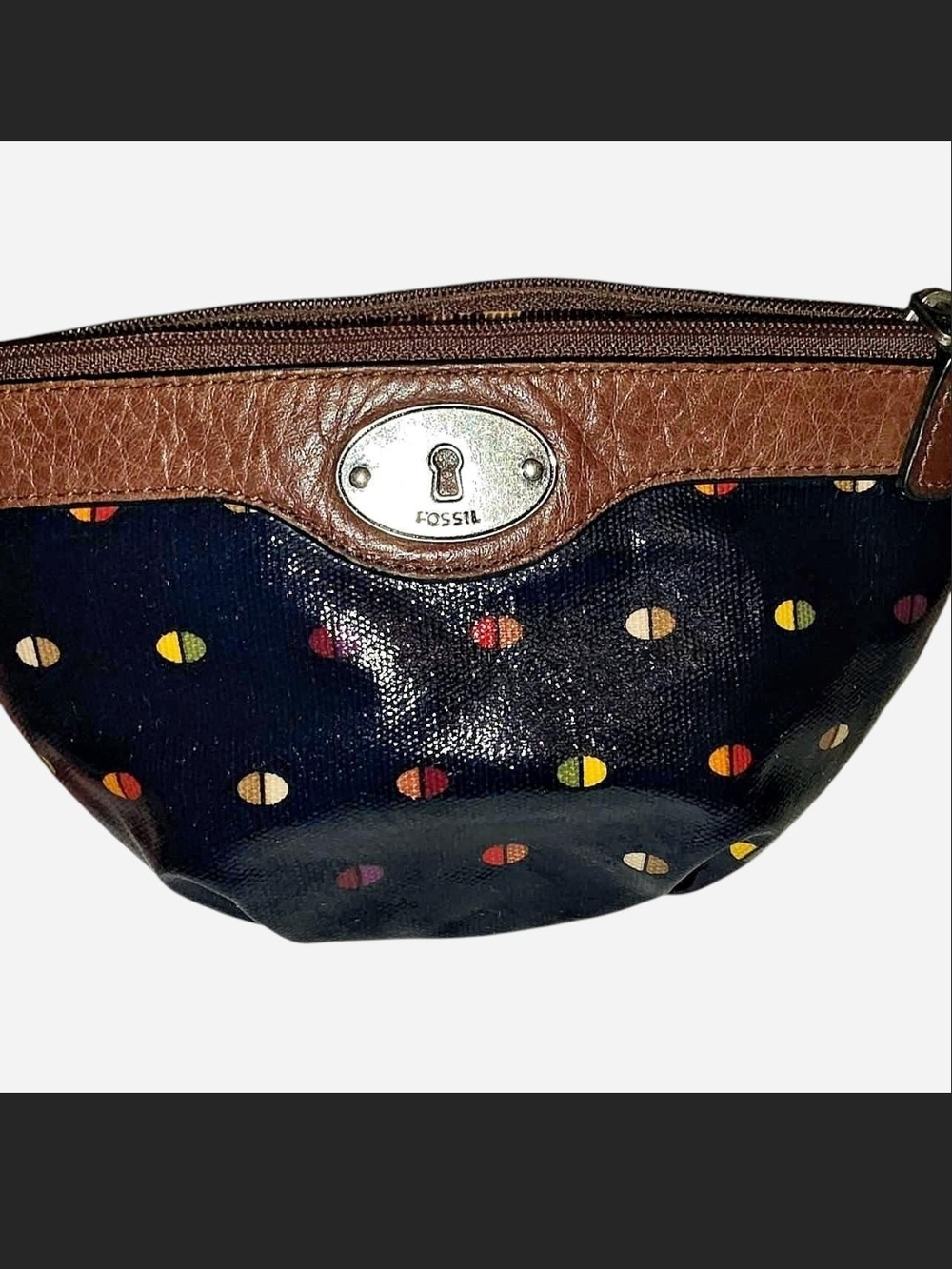 Fossil Navy Polka Dot Cosmetic Pouch with Brown Trim